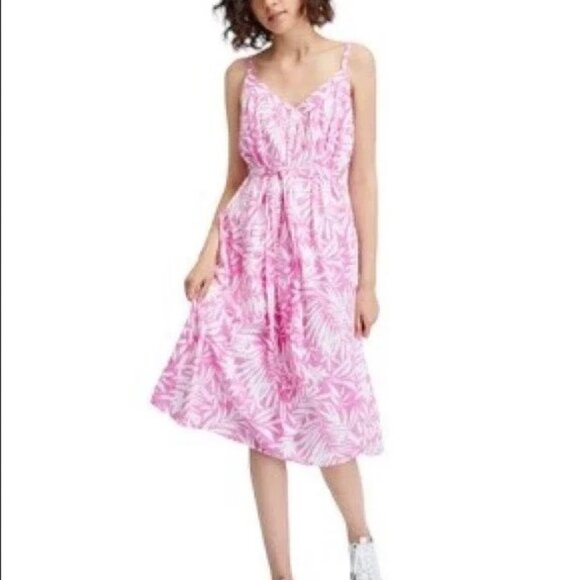GAP Pink & White Leaf Print V Neck Sun Dress Pink Palm M - Picture 2 of 10